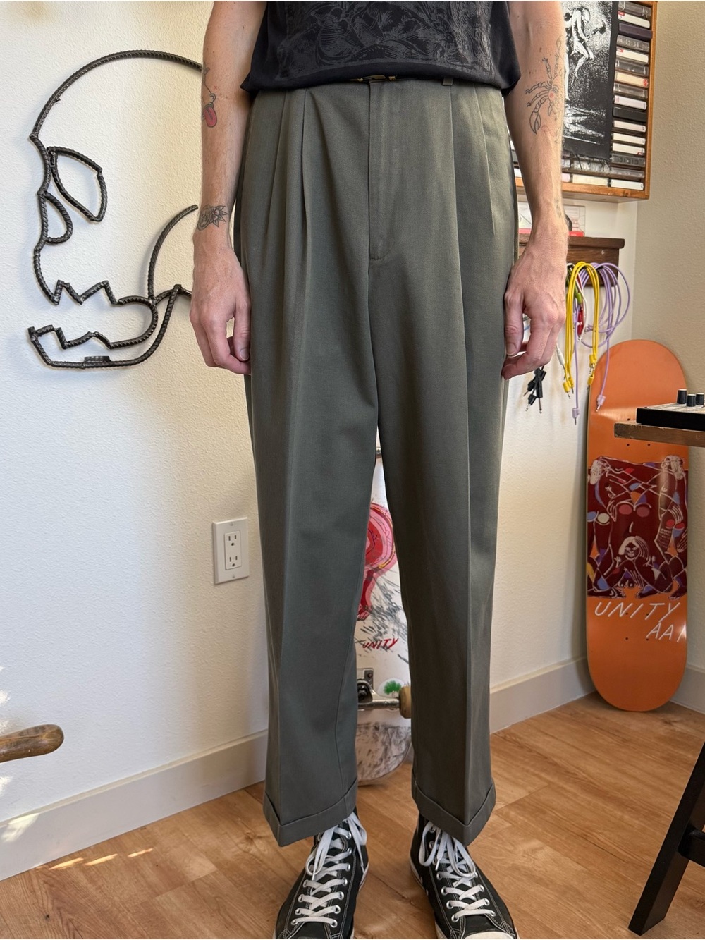 Vintage 90s Olive Green Cotton High Waisted Pleated Trousers ~ 34 x 29